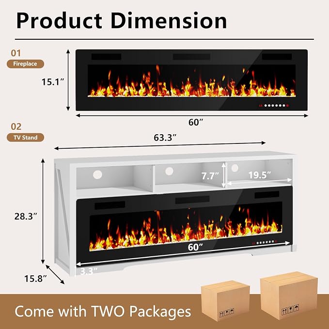 TAVATA 65" Fireplace TV Stand for Living Room, LED Electric Entertainment Center with 60" Fireplace, Modern TV Cabinet for TVs up to 75" with Open Storage Shelves, White - Image 2