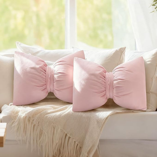 Beeveer Pink 2 Pcs Bow Pillow 12 x 18 Inch Coquette Throw Pillows Large Bow Shaped Velvet Cushion Coquette Decorative for Girls Room Bed Sofa Couch Car Decorations