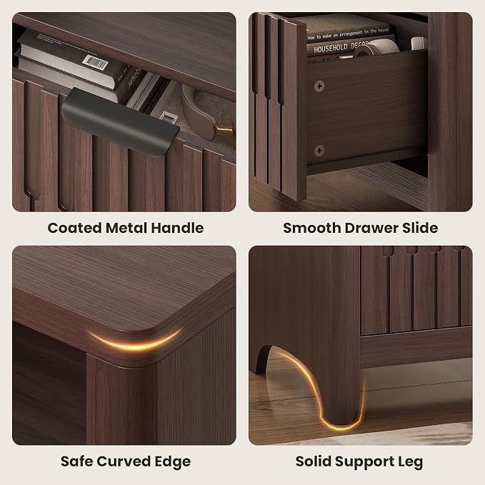 Fluted Nightstand with Charging Station, 21" Wide Modern Bedside Table with Storage Drawer, Wide Open Shelf & Curved Corner, Mid Century Night Stand End Side Table for Bedroom, Walnut - Image 6