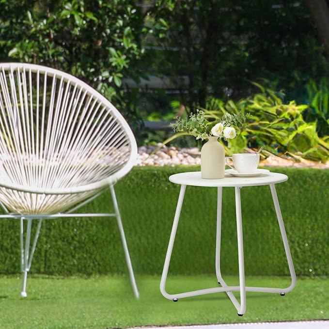 danpinera Outdoor Side Tables with Flower Cut Outs, Weather Resistant Steel Patio Side Table, Small Round Outdoor End Table Metal Side Table for Patio Yard Balcony Garden White - Image 2