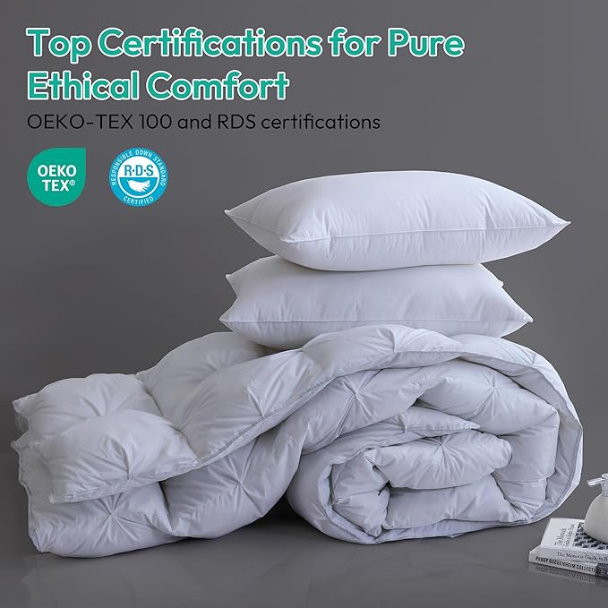 Three Geese Pinch Pleat Waterfowl Feathers and Down Comforter Twin Size Duvet Insert,750+ Fill Power,1200TC 100% Cotton, Premium All Seasons White Warm Hotel Comforter with 8 Tabs.