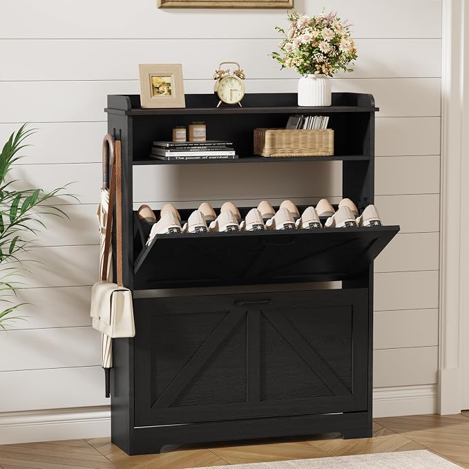 Shoe Cabinet Organizer with 2 Flip Drawers, Farmhouse Narrow Shoe Cabinet with 2 Adjustable Shelves & 2 Hooks, Shoe cabinet storage for entryway, Foyer, Hallway, Black, 31.5"W x 8.7"D x 41.7"H by Draelibor