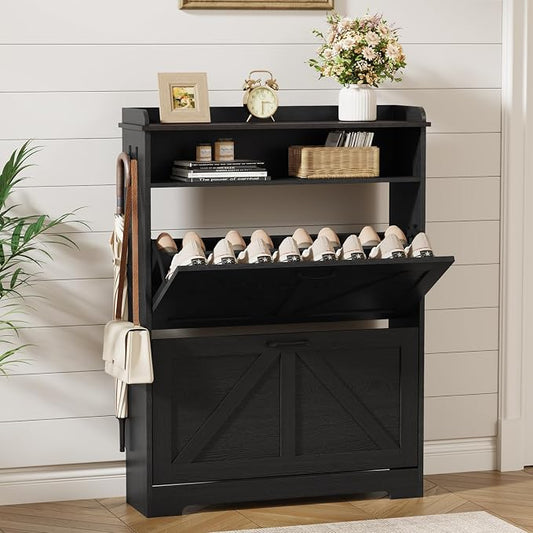Shoe Cabinet Organizer with 2 Flip Drawers, Farmhouse Narrow Shoe Cabinet with 2 Adjustable Shelves & 2 Hooks, Shoe cabinet storage for entryway, Foyer, Hallway, Black, 31.5"W x 8.7"D x 41.7"H by Draelibor
