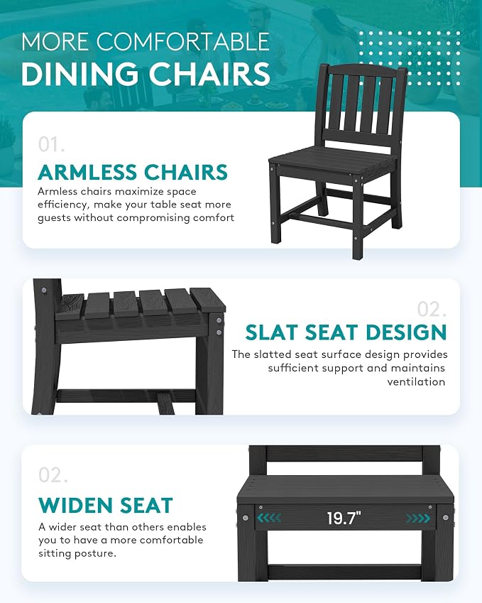 SERWALL 7-Piece Outdoor Dining Set, 60" - 83" Expandable Outdoor Dining Table and 6 HDPE Chairs, All Weather HDPE Outdoor Furniture Set for Backyard, Garden, Black - Image 6