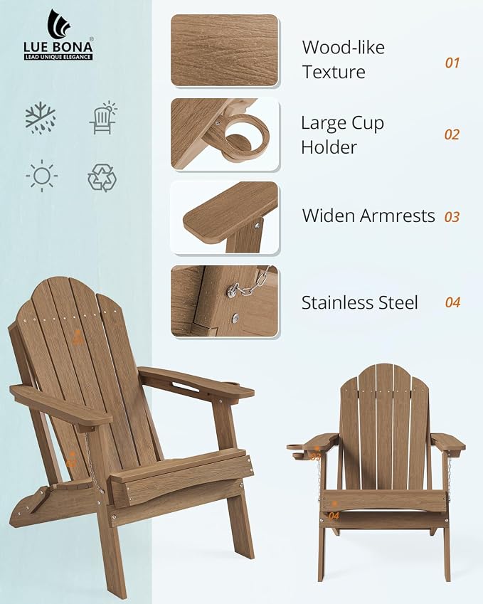 LUE BONA HDPE Folding Adirondack Chairs Set of 4 - Weather Resistant Rustic Wood-Grain Seating with Cup Holder for Cabin, Fire Pit, Deck & Resort Garden, Brown - Image 5