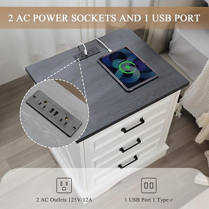 Farmhouse Night Stands Set of 2, Wood Nightstand with Charging Station, 22" Wide End Table with 3 Drawers, White Bedside Cabinet for Bedroom - Image 7
