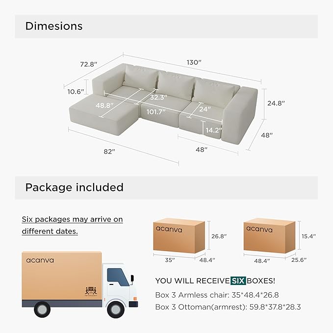 Acanva Oversized Modular Sectional Sofa with Removable Washable Slipcovers, Modern Low Profile Deep Seat Couch for Living Room, Linen-Like-Cream, 3 Armless Chairs & 3 Armrests/Ottomans