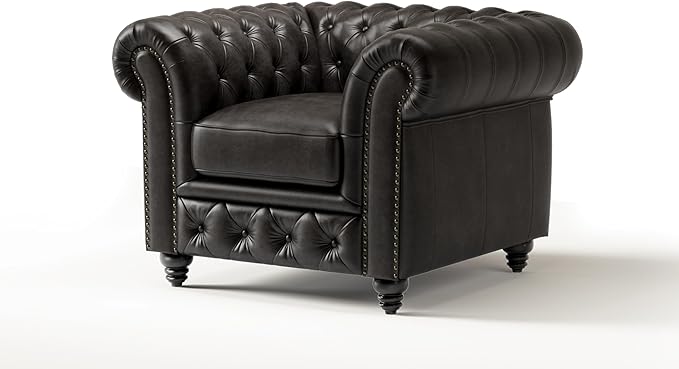 Valencia Parma Chesterfield Chair 45" | Premium Full-Aniline Leather | Mid-Century Accent Chair with Classic Button Tufted Back and Wood Legs for Living Room, Black