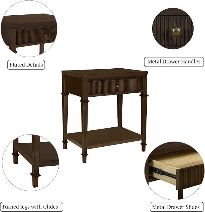 Martha Stewart Kenna Drawer Nightstand for Bedroom Nightstand with Drawer Lily Pond Collection Bedside Table Cottage Design Fluted Drawer, Metal Hardware, Coastal Bedroom Furniture, 26" H Dark Coffee - Image 4