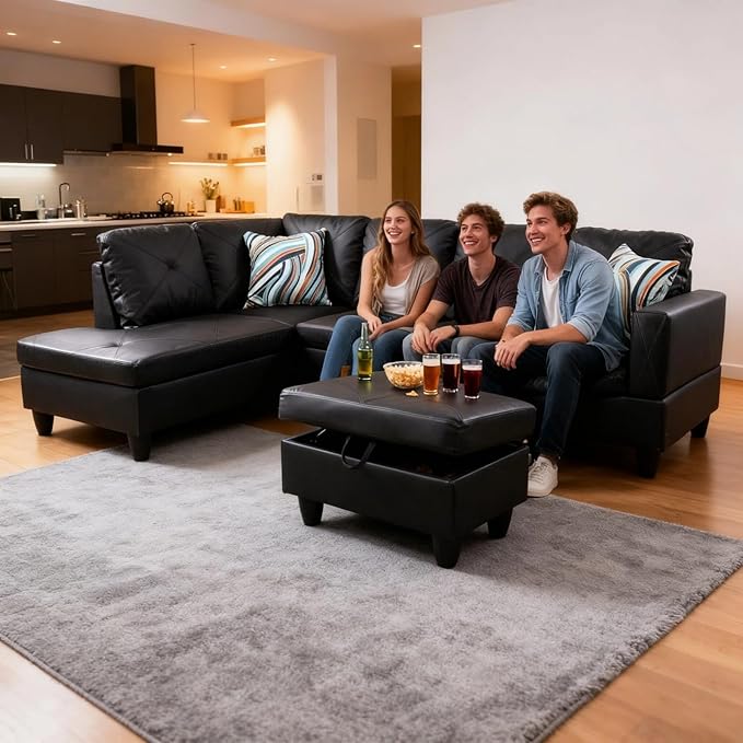 L-Shape Sofa with Storage Ottoman, Leather Sectional Couch with Left Chaise, Modern 3-Piece Sofa Set for Living Room, Upholstered Couch Set with Solid Wood Frame for Apartment, Loft, Black