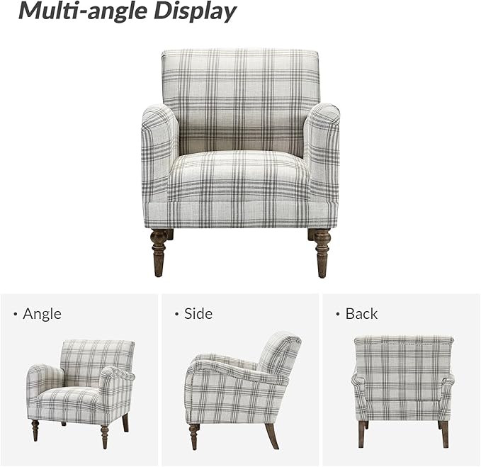 HULALA HOME Modern Accent Chair with Arms and Wooden Legs, Comfy Upholstered Armchair for Living Room, Bedroom (Plaid Pattern, Grey)
