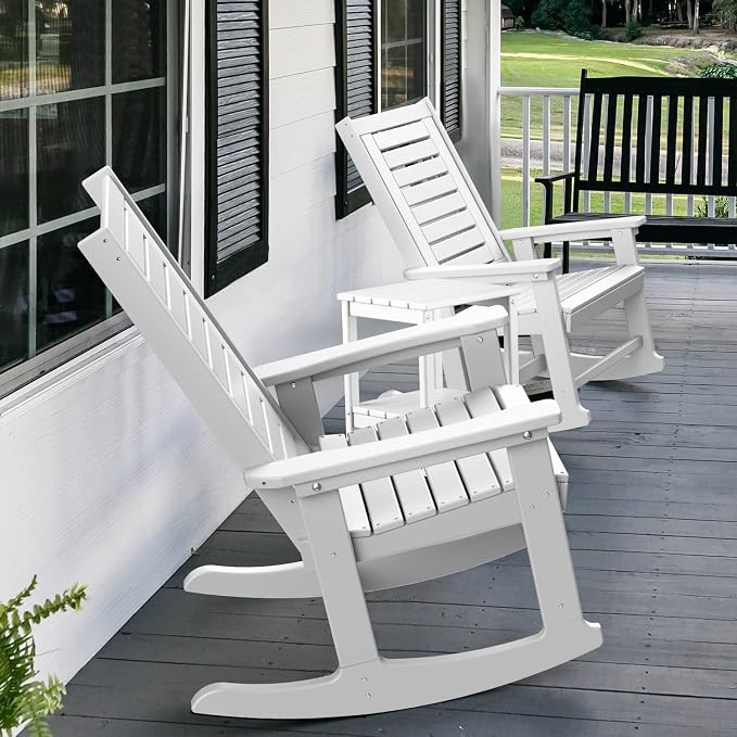 GREENVINES Outdoor Rocking Chairs | Set of 4 | Porch Rocker | HDPE Plastic | White | Oversized Rockers | High Back | Big & Tall | Ladder Back | for Patio Outside Backyard Balcony Garden - Image 6