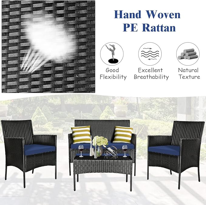 4 Pieces Patio Furniture Set, Outdoor Conversation Set with Ergonomic Curved Backrest, Patio Chair Set with Water-Resistant Cushion & Tempered Glass Table for Balcony, Porch (Navy Blue)