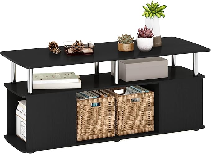 Furinno Jaya Coffee Table, Rectangle Modern Coffee Table with Open Shelf, Side Table with Side Storage, for Living Room, Bedroom, Home Office, Americano/Stainless Steel