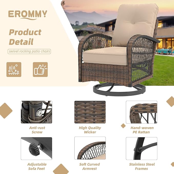EROMMY 3 Pieces Patio Furniture Set, Outdoor Swivel Rocker Patio Chairs, Wicker Patio Bistro Set with Rocking Chair, Thickened Cushions and Glass Coffee Table for Backyard, Garden, Khaki