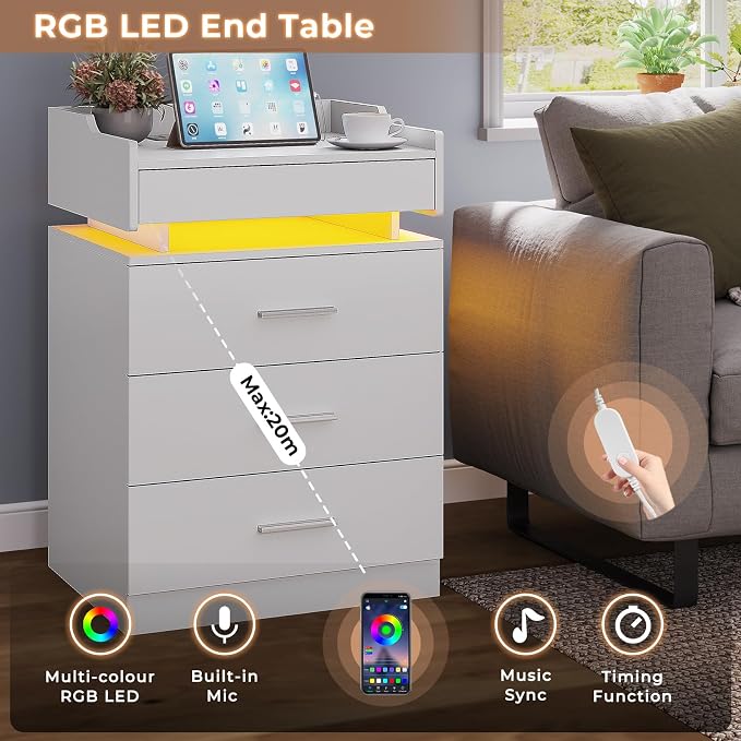 HAUOMS LED Nightstand with Charging Station,Night Stand with Pull-Out Shelf,Bedside Table with Drawers,Modern End Table Side Table Storage Cabniet,White - Image 4