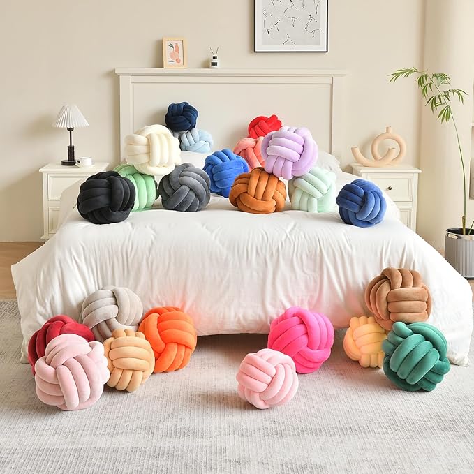 LUSJNGE Decorative Throw Knot Pillow Ball for Home Chair Sofa Aesthetic Round Velvet Knotted Pillow Cushion (Milky White, 8 inches)
