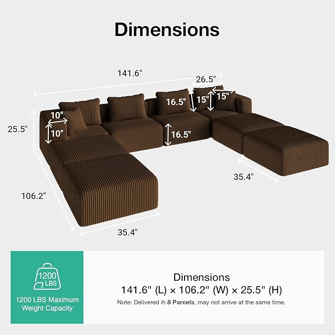 Novilla 141" Modular Sectional Sofa, Modern Cloud Sectional Couch with Smarts Coil® Support, U-Shape Boneless Couch for Living Room Apartments, No Assembly Required, Brown (4 Seat w/ 4 Ottoman)