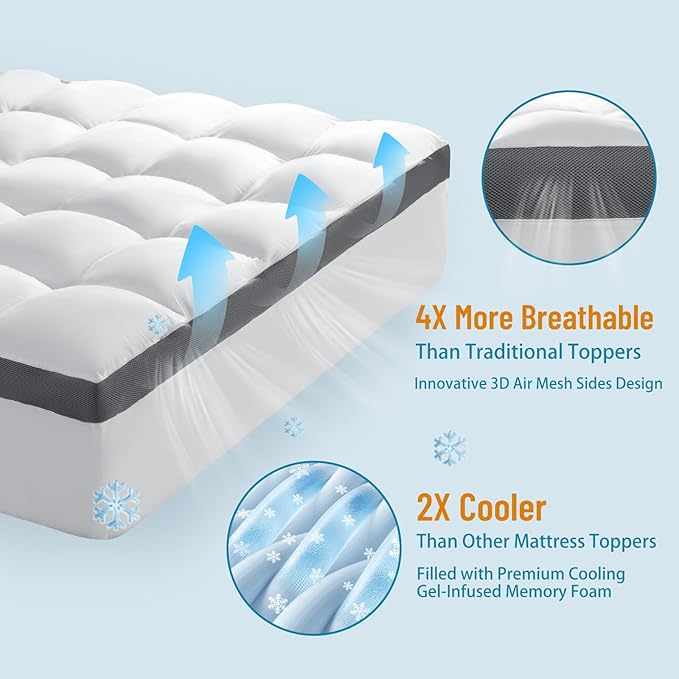 4 Inch Memory Foam Mattress Topper, Cooling Extra Thick 2000 GSM Pillow Top Mattress Pad for Back Pain Relief,Soft Breathable Mattress Cover for Fluffy Shredded Memory Foam Filled (Twin XL, 39"x80")