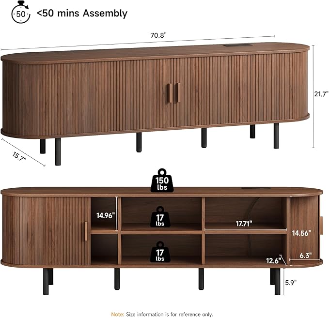 ONBRILL 70.8" TV Stand with Power Outlet for TVs up to 75 Inch, Entertainment Center with Storage and Adjustable Shelves, Modern Media Console with Sliding Doors for Living Room, Walnut - Image 2