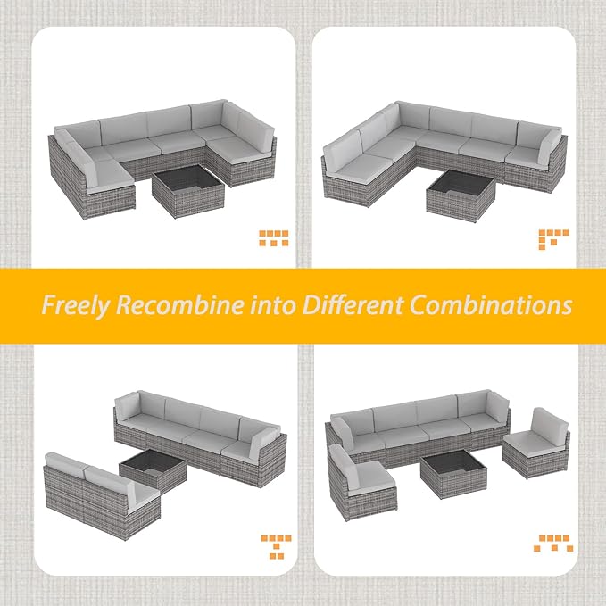 AECOJOY 7 Piece Outdoor Patio Furniture Set, Outdoor Sectional Conversation Furniture Chair with Coffee Table,Patio Sectional for Garden,Backyard(Grey Cushions and Grey PE Rattan)