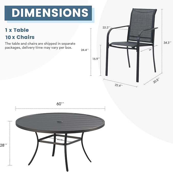 DIFY 11 Pieces Outdoor Patio Dining Set for 10, 60" Black Round Metal Dining Table and 10 Grey Stackable Sling Dining Chairs, Outdoor Table and Chairs for Lawn Garden Backyard Deck - Image 8