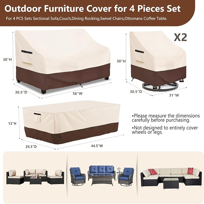 Patio Furniture Covers Set,4-Piece 600D Heavy Duty Waterproof Outdoor Furniture Cover for Patio Swivel Rocker Chairs,Loveseat and Coffee Table,Beige & Brown - Image 2