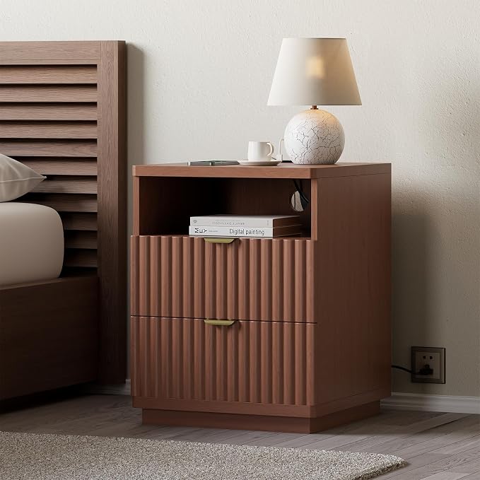 Nightstand with Charging Station, Night Stand with Open Shelf and 2 Drawers for Bedroom, Side Table Bedside Table with USB Ports & Outlets, Small Nightstand End Table (Walmut) by XINLILAI