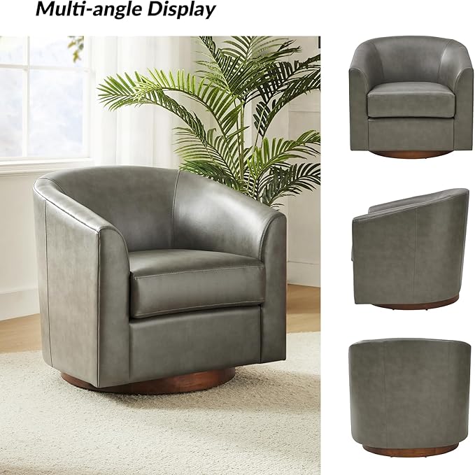 HULALA HOME Faux Leather Swivel Accent Chairs Set of 2 with Solid Wood Base, Round Swivel Barrel Chairs for Living Room and Bedroom, Grey