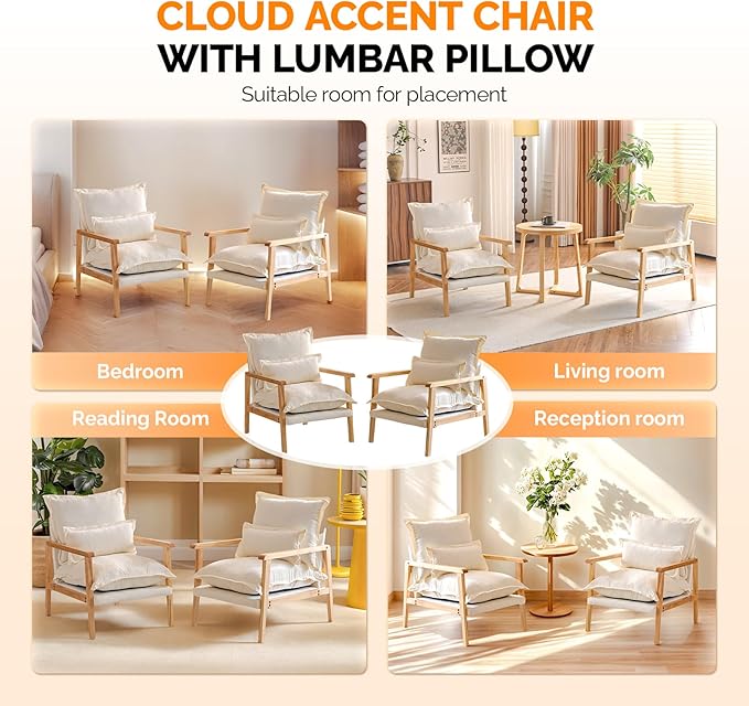 VINGLI Mid-Century Modern Cloud Accent Armchairs Set of 2 with Lumbar Pillow, 6.3'' Thick Seat Cushion Reading Chairs with Wooden Armrests, Boho Lounge Chair for Bedroom, Living Room, Chenille, Beige