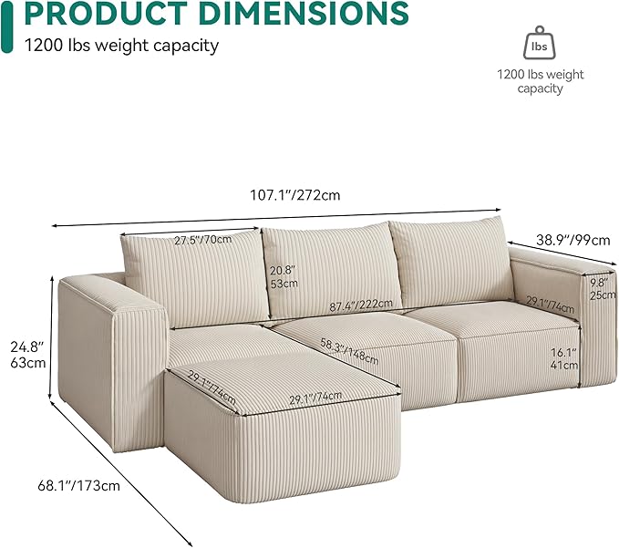 DWVO 107 Inch Cloud Sectional Couch with L-Shape Chaise, Deep Seat Sofa with 3 Pillows, 1 Ottomans Corduroy Upholstered Modular Sofa for Living Room Bedroom, No Assembly Required, Milky White