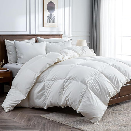 BPC Goose Feather Down Fiber Comforter Oversized King - 100% Organic Cotton Cover, 750 FP Cloudy-Fluffy Duvet Insert for All-Season, White, 120x98 Inches