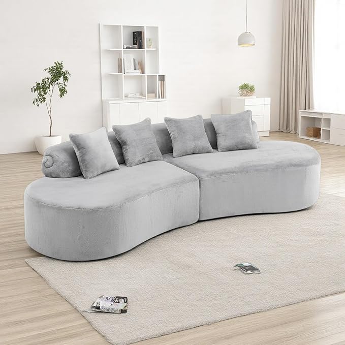 Curved Multi-Seater Sofa, Modern Modular Sofa with Cylindrical Backrest & 4 Coordinating Pillows, 111'' Flannelette Leisure Combination Couch with Ergonomic Design for Living Room, Light Grey