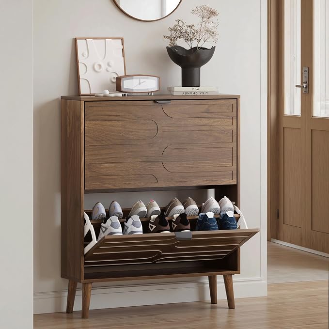 Smart FENDEE Shoe Cabinet with 2 Flip Drawers, Freestanding Shoe Storage Cabinet with Fluted Panel Design, Hidden Shoe Organizer Rack for Enterway, Hallway, Foyer, Brown by SmartFENDEE