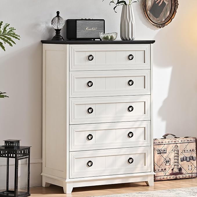 Joaxswe Farmhouse 5 Drawer Dresser for Bedroom, 42" Tall Small Dressers & Chest of Drawers, Rustic Wood Dresser with Metal Handle, Storage Organizer Closet for Living Room, Hallway, Entryway by Joaxswe