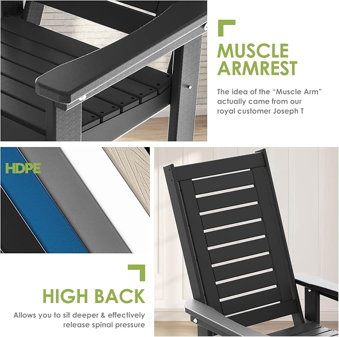 GREENVINES Outdoor Rocking Chair Set | 3-Piece | 2 Rocking Chairs with 1 Side Table | Porch Rocker | HDPE Plastic | Black | Patio Furniture Sets | High Back | Big & Tall | Ladder Back - Image 7