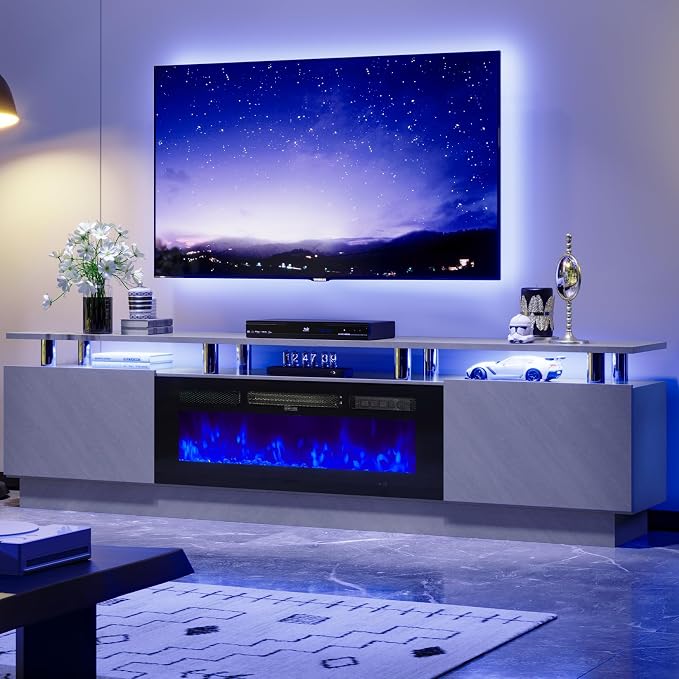80" TV Stand & Entertainment Center, Media Console with Storage Cabinet, Fits TVs up to 90", Modern Living Room Furniture, 36" Electric Fireplace (Grey+Black) - Image 2