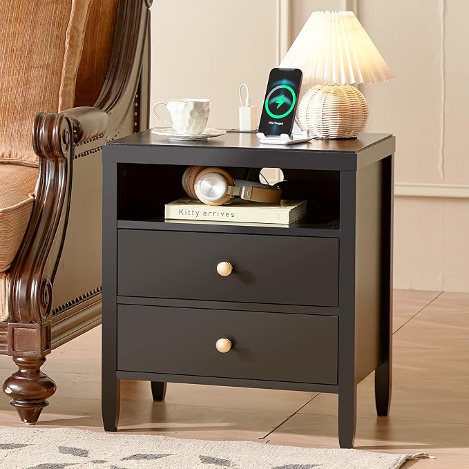 Huuger Black Nightstand Set of 2, Night Stand with Charger Station, Bedside Table with 2 Drawers, Bed Side Tables for Bedroom, Modern Nightstands, Metal Knobs, Painted Surface | with Charger Station, 2 Drawers, Bed Side Tables, for Bedroom, Metal Knobs... - Image 5