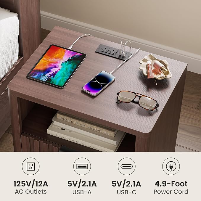 Fluted Nightstand with Charging Station, 21" Wide Modern Bedside Table with Storage Drawer, Wide Open Shelf & Curved Corner, Mid Century Night Stand End Side Table for Bedroom, Walnut - Image 3