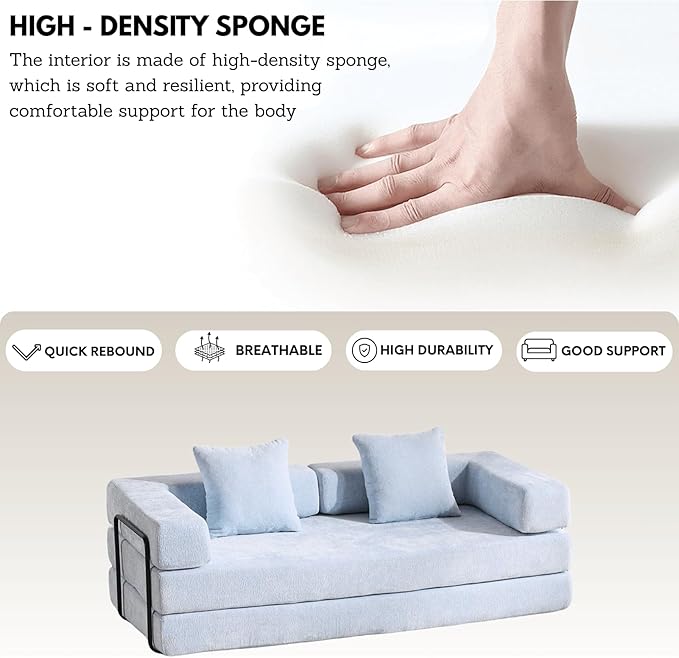 4-in-1 Folding Convertible Sofa Bed, 77" Floor Couch with Pillow - Chenille Fabric & High-Density Sponge & Fixed-Shape Frame, Modular Sofa for Living Room/Lounge/Studio, Blue