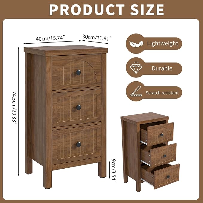Nightstand Side Table with 3 Fluted Drawers,Mid Century Modern Nightstand for Bedroom,Wooden Bedside Table Storage for Bedroom Living Room Sofa Side Table,Walnut - Image 2