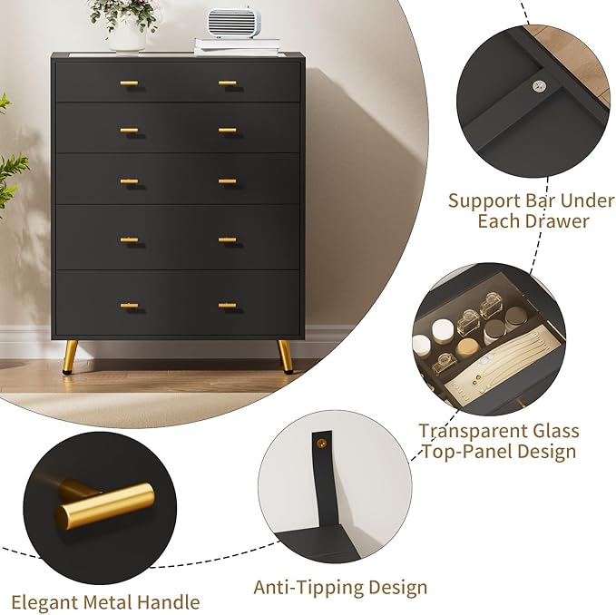 Closet Island with LED Lights, 38" H Tall Tempered Glass Top Dresser, Modern Wood Wardrobe Closet Island for Bedroom, Living Room, Black