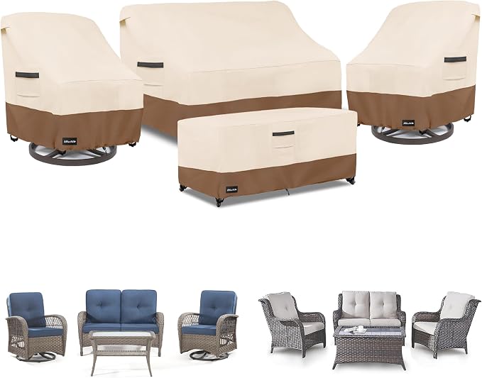 ANartcle Patio Furniture Covers 4 Piece Set, 600D Waterproof Heavy Duty Outdoor Furniture Covers,Fit Wicker Patio Loveseat, Swivel Rocker Chair and Coffee Table,Beige&Brown by PatioFurnitureCovers