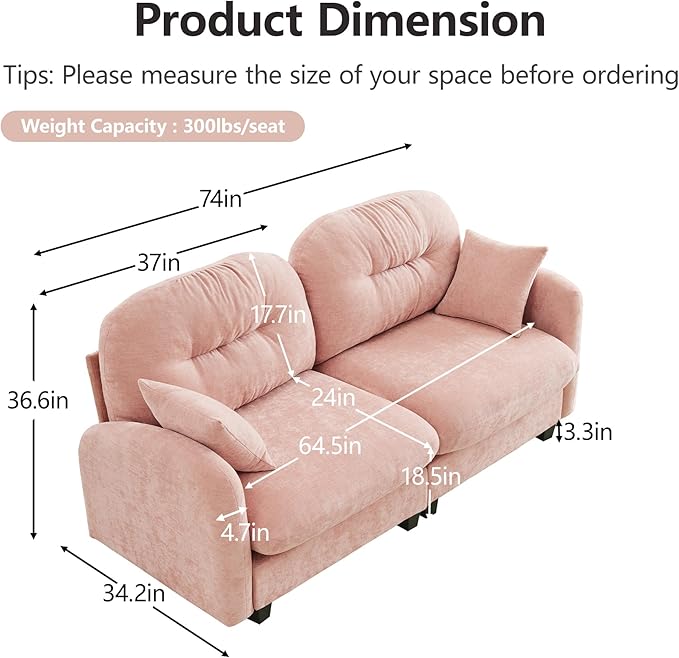 KEIKI 74" Oversized Chenille Modular Sectional Loveseat Sofa with High-Density Foam Cushions and Tufted Pleated Cushion Backrest, Upholstered 2-Seater Cloud Couch with 2 Pillow, for Living Room, Pink