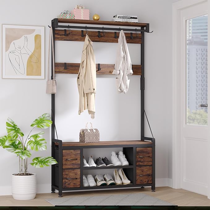 39" Hall Tree with Storage Coat Rack freestanding Entryway Furniture Bench, 5 in 1 Design Front Door Shoe Rack and Wall Rack Hooks, and 4 Drawers (Rustic Brown) - Image 2