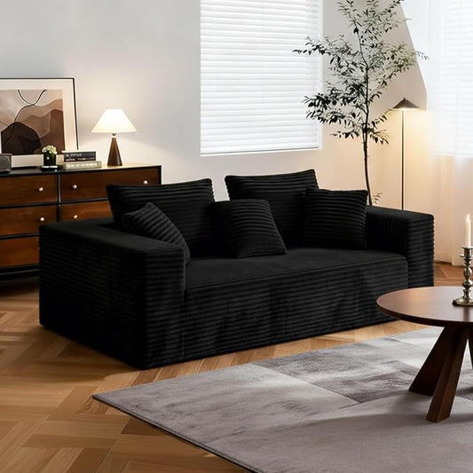 3-Seater Deep-Seat Corduroy Lounge Sleeper Sofa, No Assembly Frameless Foam Cloud Couch, Comfy Plush for Living Room Bedroom Apartment Dorm Office (Black)