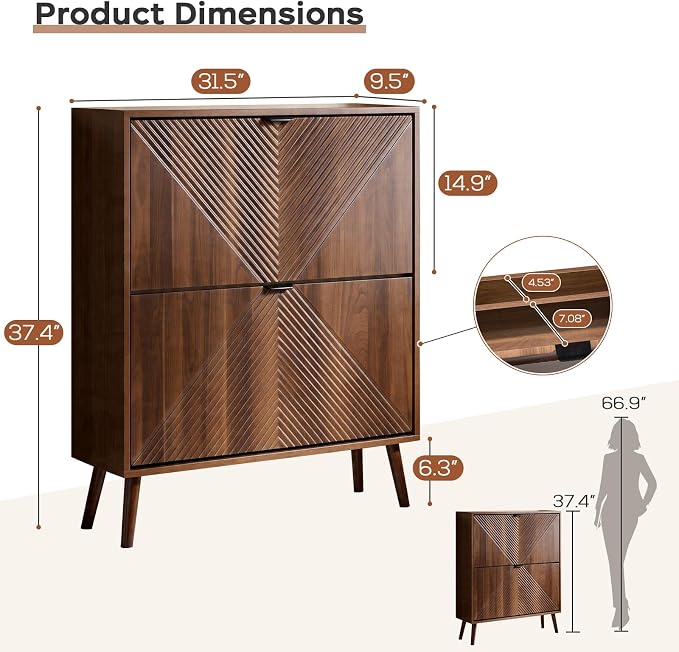 oakvivo Shoe Cabinet Storage, Farmhouse Freestanding Organizer with 2 Flip Drawers and 4 Wooden feet, Narrow Shoe Rack Cabinet for Entryway, Foyer, Hallway, Walnut - Image 2