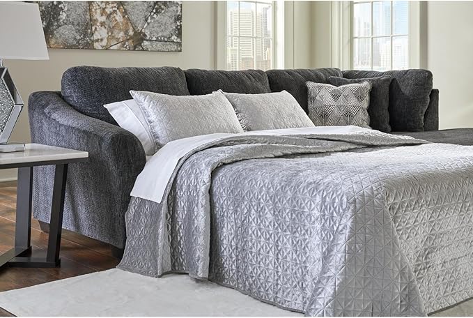 Signature Design by Ashley Biddeford Contemporary Right-Arm Facing Convertible 2-Piece Sleeper Sectional with Chaise, Bi-Fold Memory Foam Mattress and 4 Accent Pillows, Full, Gray