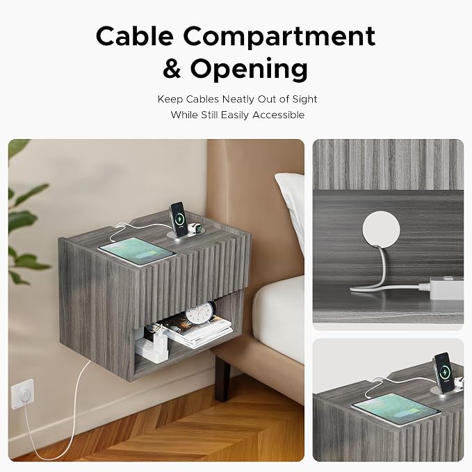 Lazzanto Floating Nightstand Bedroom Bedside Table - Floating Night Stand Set of 2 with Storage Drawer, Wood Morden Wall Mounted Bedside Tables for Dorm Hallway Entryway - Image 3