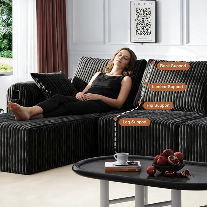 106" Boneless Couches for Living Room, Modular Sectional Sofa, L-Shape Sofa Couches,Cloud Couch Sectional, Comfy Corduroy Sofa, with Deep Seat, No Assembly Required (Black, 3 Seater + 1 Ottoman)